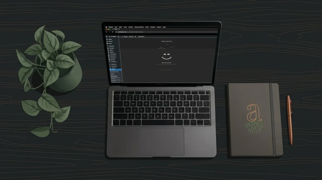 Salut del lloc WordPress. Un potus i un ordinador portàtil, escriptori net, fons fosc, minimalista.